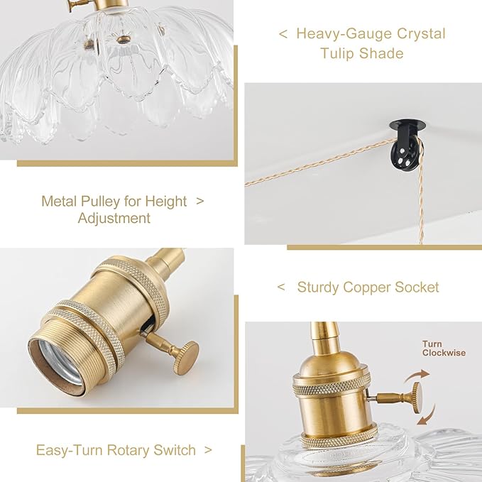 2 Pack Plug in Pendant Light Fixtures, Hanging Light Fixture Glass Pendant Light, Vintage Transparent Hanging Lamp, Pendant Lighting for Kitchen Island, Bedroom, Dining Room, Living Room