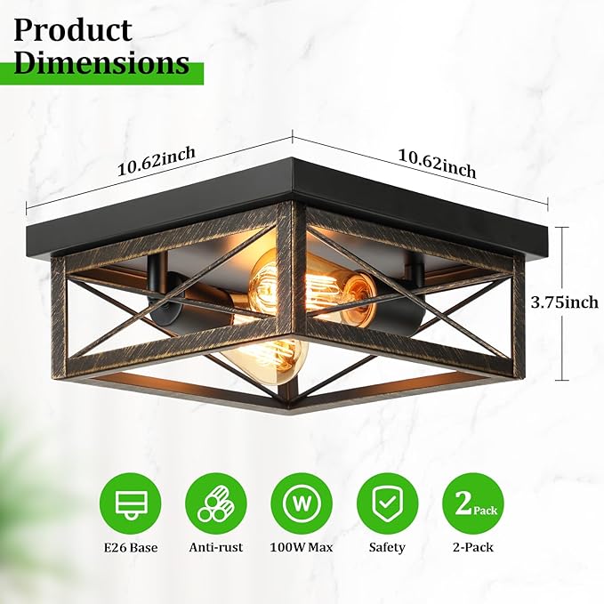 Oil Rubbed Bronze Hallway Light Fixtures Ceiling, 2-Light Farmhouse Industrial Flush Mount Ceiling Lights, 2-Pack Metal Kitchen Light Fixtures, Close to Ceiling Lights for Bedroom Living Room Entryway