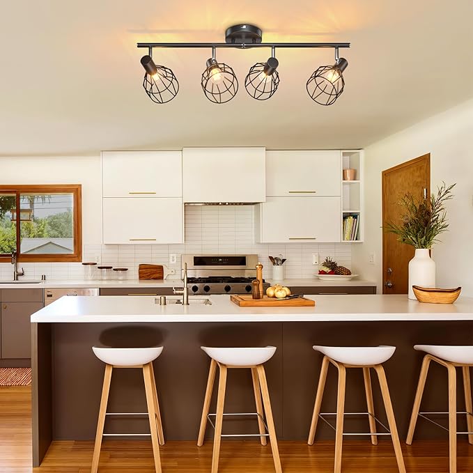 GORDNWE 4-Light Kitchen Track Lighting, Adjustable Metal Wire Cage Ceiling Light with E12 Base, Track Lighting Fixtures Black Farmhouse Ceiling Light Fixture Fits for Bedroom Living Room