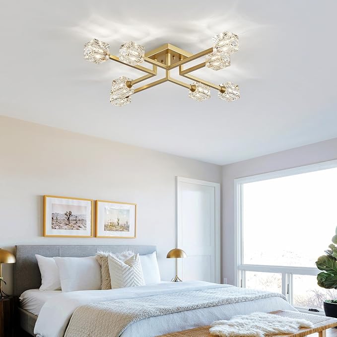XINGQI Modern Ceiling Light 8 Lights Industry Semi Flush Mount Ceiling Light Fixture, Antique Gold Sputnik Chandeliers Mid Century for Bedroom, Dining Room, Farmhouse Kitchen, Office