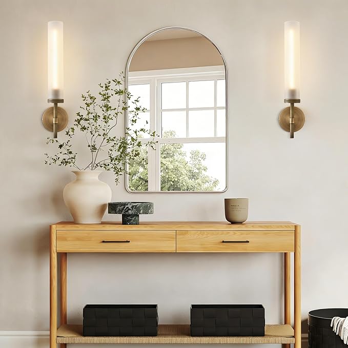 Brass Hardwired Frosted Glass Bathroom Wall Sconces 2 Pack, Modern 20'' Indoor Knurled Wall Sconce, Glass Vanity Light, for Living, Bedroom, Hallway, Staircases,Bulb Included