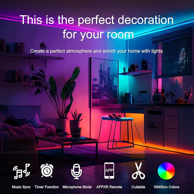 HBOWMDJIA 150 FT LED Strip Lights for Bedroom (2 Rolls 75 FT) with Remote and Application Controlled Smart LED Lights, Music Synchronized RGB Color Changing Light, Suitable for Room Party Decoration