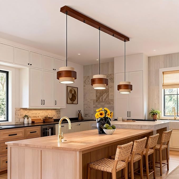 Wabi Sabi Pendant Light - Japandi Nordic Fixture Lamp, Natural Wood & Stone Concrete Chandelier for Japanese Bedroom, Kitchen Island & Dining Room (Yellow Travertine 3-Head)