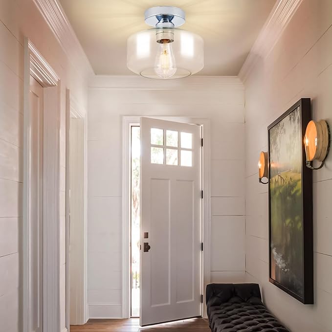 Industrial Semi Flush Mount Ceiling Light: Chrome Kitchen Lighting Fixtures Ceiling with Clear Glass - Vintage Hallway Light Fixtures E26 Bulb Included - 8.46” Light Fixtures Mount for Foyer