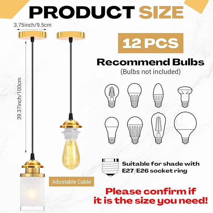 12 Pack Industrial Mini Pendant Light Kit Bulk, UL E26/E27 Lamp Socket 3.28 ft Adjustable Hanging Light Cord Kit Edison Vintage Retro Ceiling Lamp Fixture for Kitchen Bar Decor(Gold)