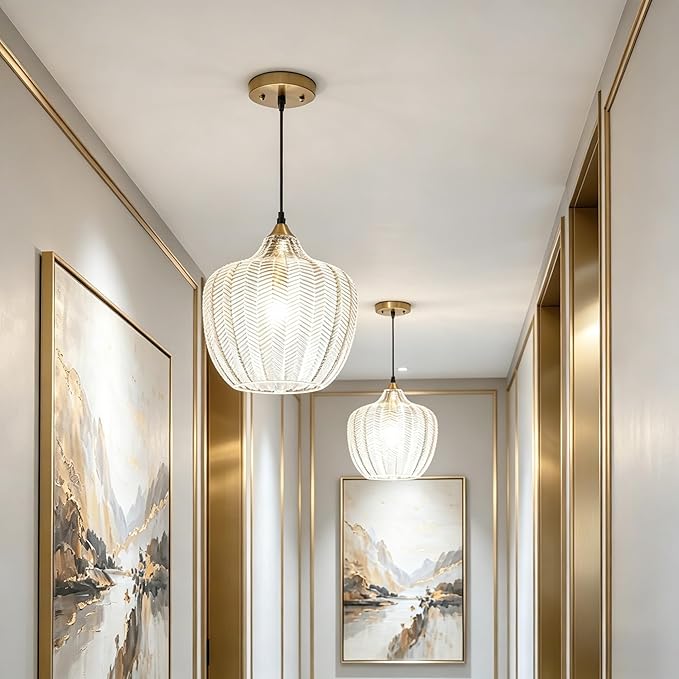 Modern Gold Pendant Light 2 Pack, Clear Glass Kitchen Island Pendant Light Fixture Adjustable Vintage Hanging Ceiling Light for Dining Room Corridor Bedroom 9.45 inch, UL Certification