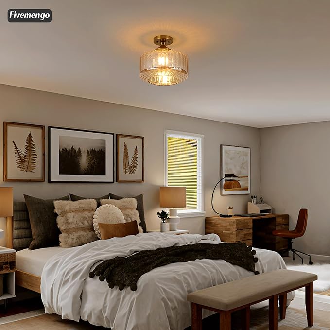 11.8in Semi Flush Mount Ceiling Light Fixture, Vintage Striated Glass Kitchen Lighting Fixtures Ceiling Mount for Entryway Hallway Bedroom Dining Room Bathroom Foyer Laundry (Amber)