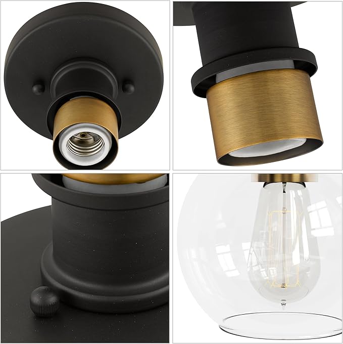 Tawson Dan Modern Farmhouse 1-Light Flush Mount Ceiling Light Clear Glass Globe Black Gold Finish for Hallway, Entryway, Passway, Bedroom, Garage, Kitchen, Balcony