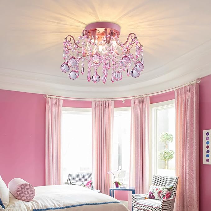Rain Drop Crystal Small Crystal Chandelier Ceiling Light 3-Light Fixture Modern Chrome Iron Material Suitable for Bedrooms, Hallways, Walk-in Closets, Entryways, Stairwells (Pink)