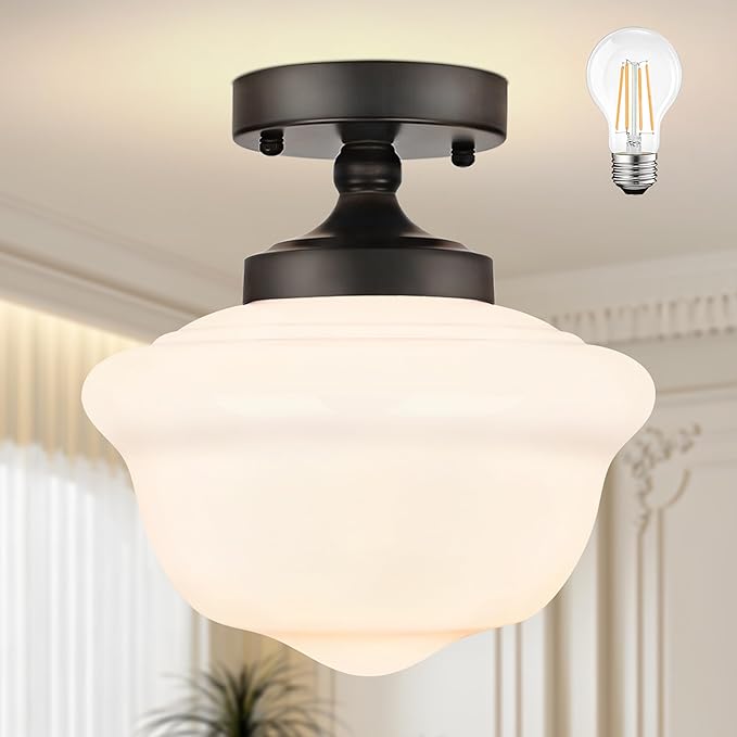 Bagood 10" Black Schoolhouse Light Fixtures Schoolhouse Light Fixtures Ceiling Mid Century Lights Fixture Milk Glass Lights Fixture Semi Flush Mount Ceiling Fixture for Bathroom Kitchen (Bulb Incl)