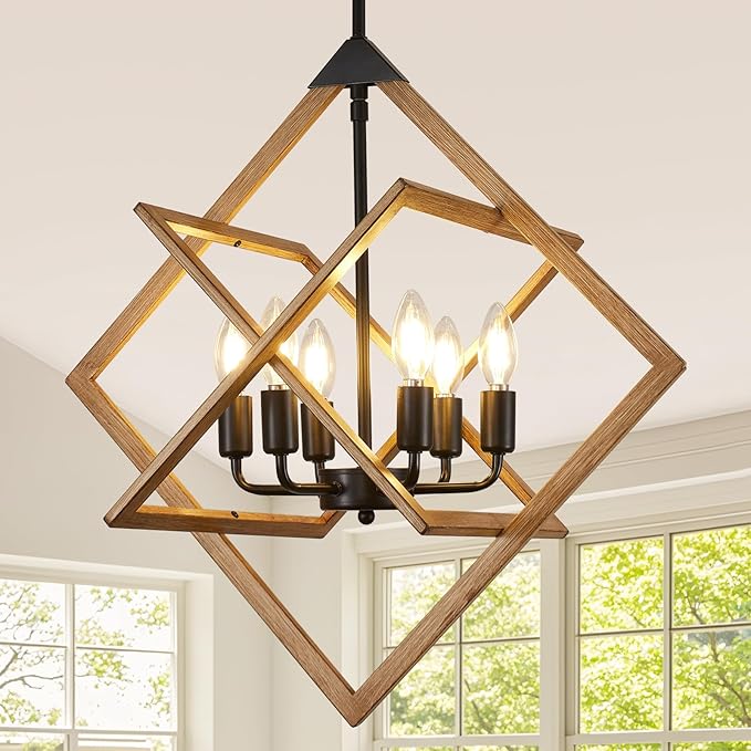 24" Modern Pendant Lights Kitchen Island, 6-Light Black + Wood Grain Farmhouse Pendant Light Fixtures, Industrial Hanging Pendant Lights Fixture for Kitchen Island Dining Room Hallway Foyer Entryway