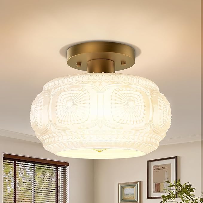 Semi Flush Mount Ceiling Light, Milk Glass Shade Modern Ceiling Light Fixture, Vintage Gold Lighting for Hallway Bedroom Entryway Kitchen Porch