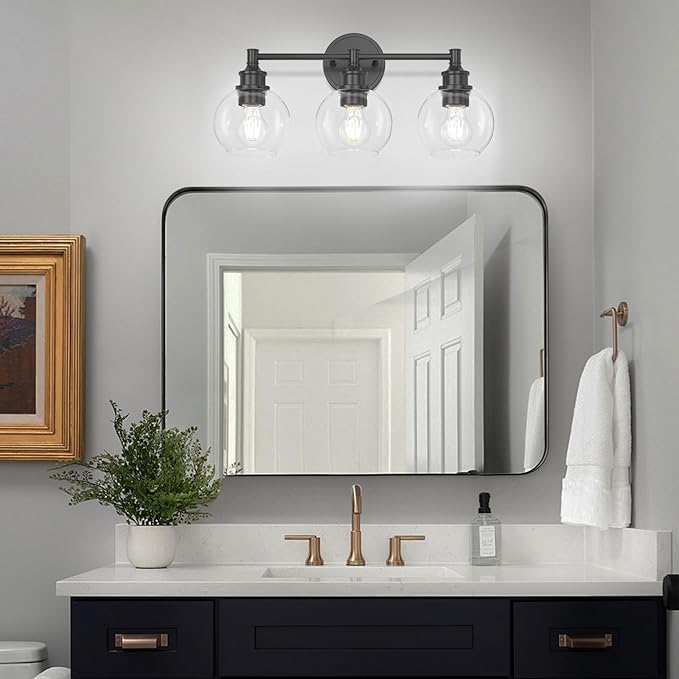 Bathroom Light Fixtures, 3-Light Matte Black Vanity Light Globe Glass Shades, Bathroom Lighting Fixtures Over Mirror, Wall Sconces for Master Bathroom, Guest Bathroom, Powder Room, 20-inch