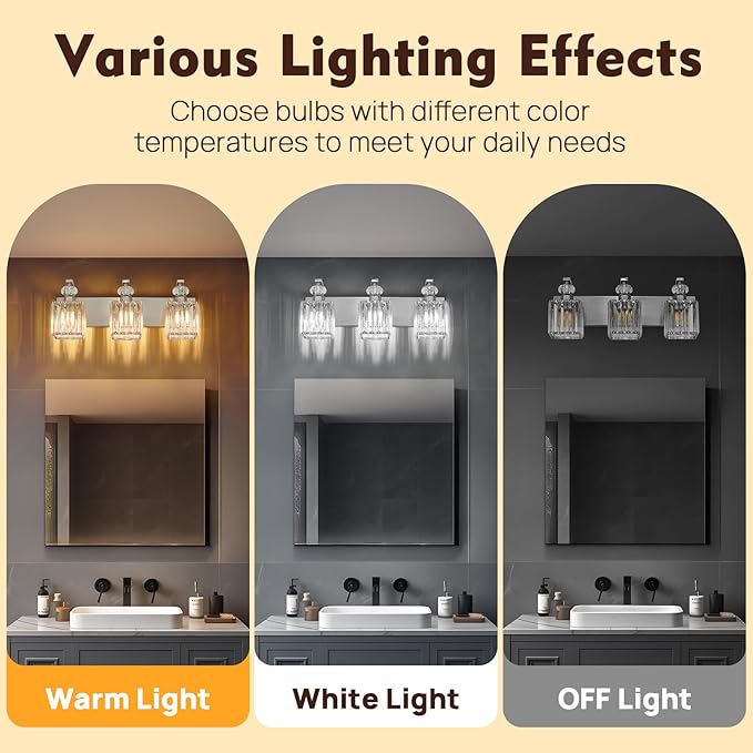 Modern Bathroom Vanity Light, 3-Light Nickel Bathroom Lighting Fixtures Over Mirror, 20.5" Crystal Wall Light Sconce for Bathroom/Bedroom/Vanity, Includes LED Bulbs, Easy Installation