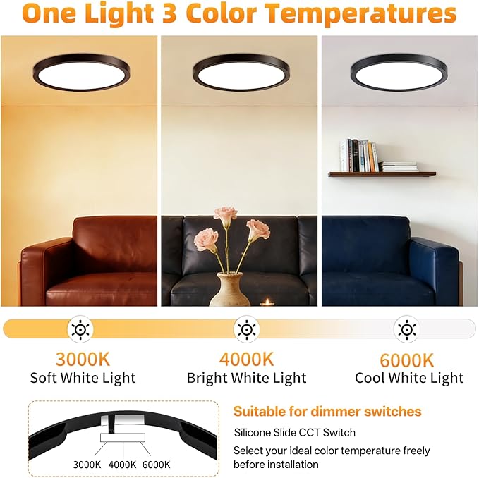 7 Inch 2Pack Super Slim Flush Mount Ceiling Light Fixture,18W 1400LM Dimmable 3CCT Selectable 3000K-6000K Round Light Fixture for Living/Bedroom,Kitchen/Bathroom,Porch &All Indoor Spaces Black