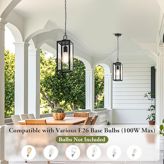 BesLowe 1-Pack Outdoor Pendant Light, 15” Modern Hanging Lantern Light for Outside, Black Exterior Pendant Lighting Fixture with Adjustable Chain, Outdoor Chandelier for Porch, Gazebo, Front Door