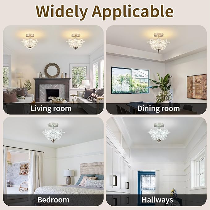 Semi Flush Mount Ceiling Light, Brushed Nickel Light fixtures with Floral Clear Glass Shade, Modern Close-to-Ceiling Lighting for Bedroom Kitchen Living Room Hallway