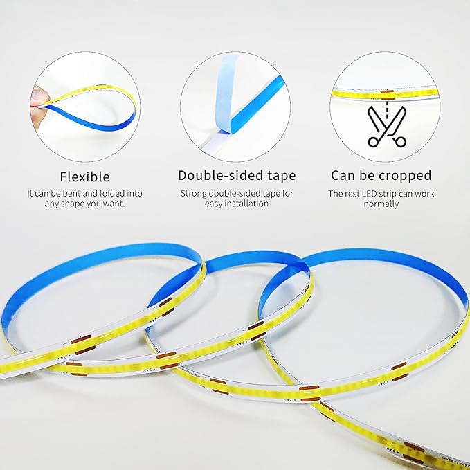 50FT COB LED Strip Lights DC 24V Dimmable 6000K White Flexible LED Tape Light for Bedroom, with Remote and app Control LED Tape Lights CRI90+,for DIY Home Decoration