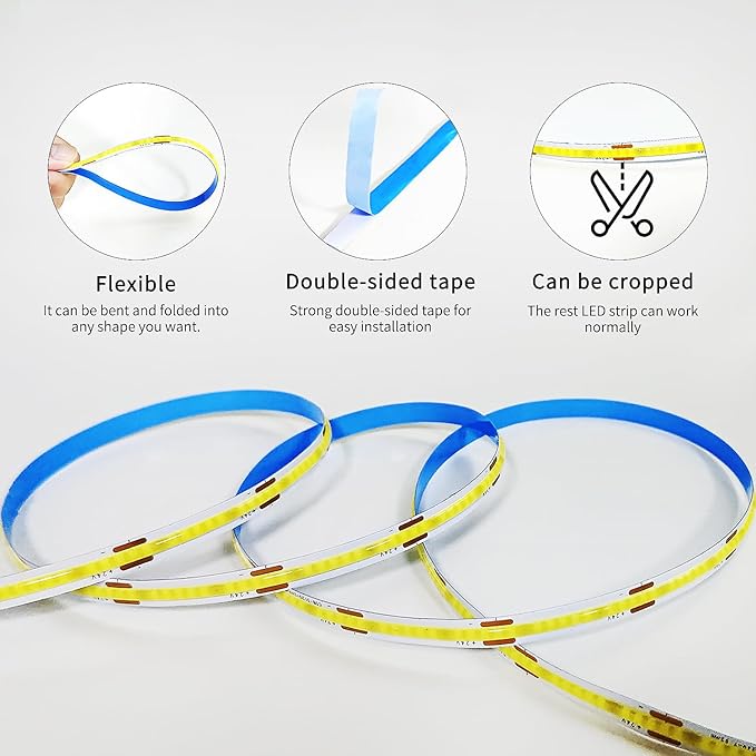 COB LED Strip Lights 50ft,6000K DC 24V Dimmable White Flexible LED Rope Lights for Bedroom,with Remote and app Control LED Lights Strip for Living Room, Shelf, Cabinet