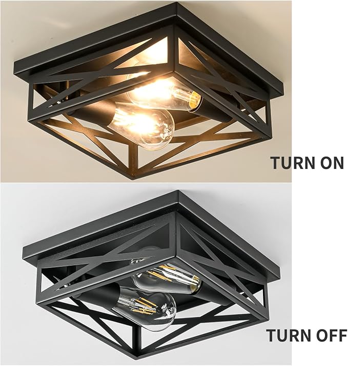 2-Lights Flush Mount Ceiling Light, Farmhouse Close to Ceiling Light Fixtures, 11 Inch Indoor Retro Metal Black Cross Cage Square Ceiling Light Fixtures for Hallway Kitchen Bedroom