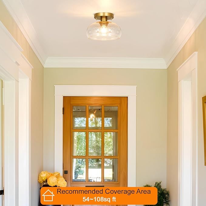Modern Gold Semi Flush Mount Ceiling Light - Small Seeded Glass Shade for Even Illumination, 8 Inch Diameter Semi Flush Design Ideal for Low Ceilings in Hallways & Kitchens