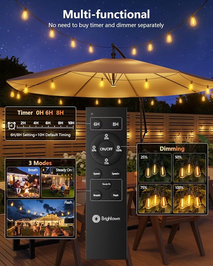 Brightown 52FT Solar String Lights Outdoor Waterproof with Remote, 15+1 LED Shatterproof Bulbs, Dimmable & Timable, 3 Light Modes - Commercial Grade Patio Lights for Garden Backyard Party Decor