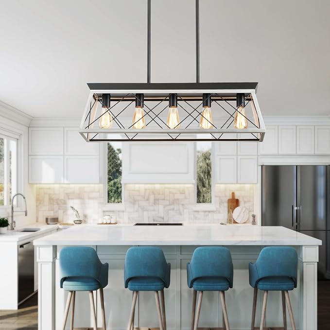 HuixuTe 5-Light Farmhouse Chandeliers for Dining Room, Rustic Kitchen Island Lighting, Adjustable Height Pendant Light for Kitchen, Dining Room Table White