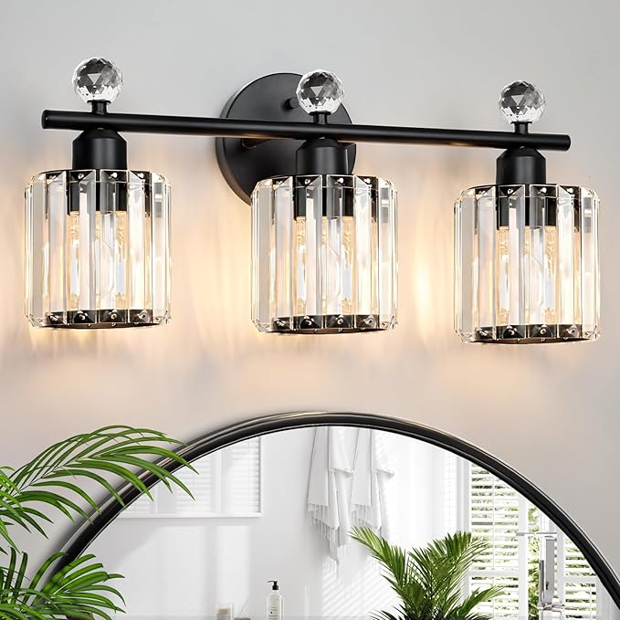 Modern 3 Light Crystal Vanity Light,Black Vertical Bathroom Light Fixture Over Mirror for Dressing Table Sink,Crystal Bathroom Light Fixtures,Compatible with Dimmable Bulbs (Bulbs Not Include)