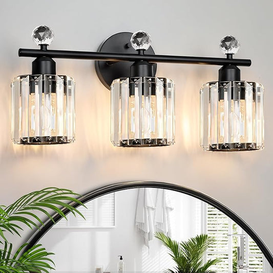 Modern 3 Light Crystal Vanity Light,Black Vertical Bathroom Light Fixture Over Mirror for Dressing Table Sink,Crystal Bathroom Light Fixtures,Compatible with Dimmable Bulbs (Bulbs Not Include)