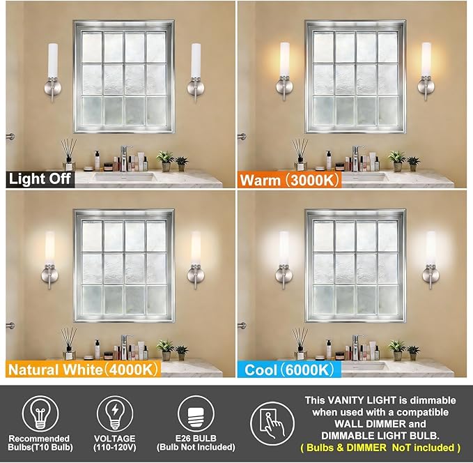 LaLuLa Wall Sconce Set of 2, Brushed Nickel Vanity Light for Bathroom, Knurled Detail, Frosted Glass Cylinder Shade, E26 Base, Hardwired, Up or Down Mount, for Hallway, Bedroom, Living Room