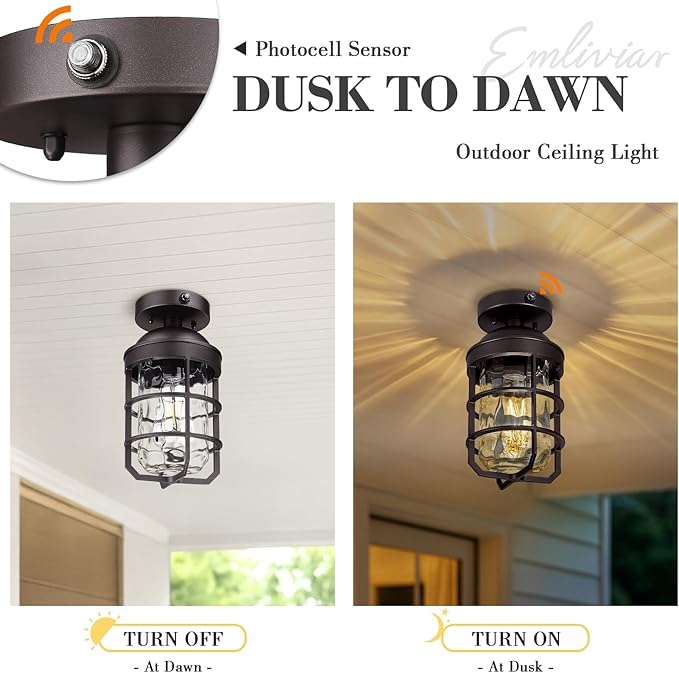 Emliviar Farmhouse Ceiling Lamp in Oil Rubbed Bronze Finish, Dusk to Dawn 11" Semi Flush Mount Ceiling Light Fixture with Water Ripple Glass Shade, GE255LF-PC ORB-WG