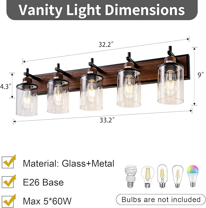 Lanhall 5-Light Farmhouse Bathroom Light Fixtures Vintage Bathroom Vanity Lights Over Mirror Black and Wood Painted Metal Vanity Light for Bathroom with Glass Shades E26 Socket