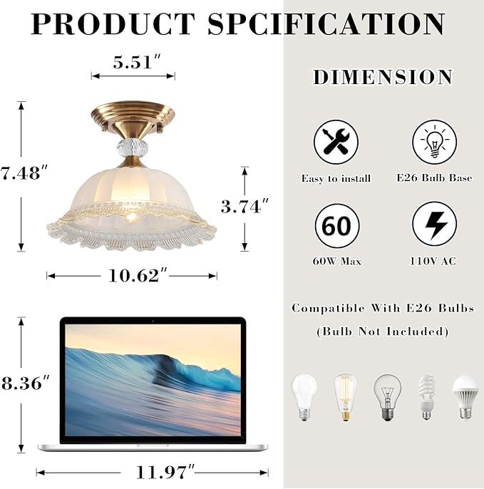 10.6" Milk Glass Semi Flush Mount Light Fixture Brass Gold Modern Hallway Light Vintage Close to Ceiling Light for Bedroom Entryway Kitchen Sink Porch