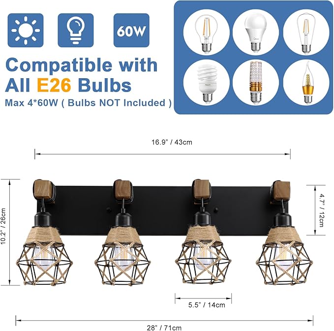 LmnLvn Farmhouse Bathroom Light Fixture, 4-Light Black Rattan Vanity Light, Boho Bathroom Light Fixture Over Mirror Rustic Vanity Lighting with Handwoven Shades, Suit for Restroom, Bedroom, Hallway