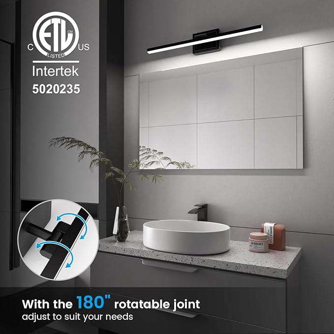 VOLISUN Modern Bathroom Vanity Light 24 inch, Rotatable, 14W Dimmable 5CCT Led Bathroom Light Fixture Over Mirror, Black Bar Vanity Light for Bathroom Mirror Restroom-ETL Certificated
