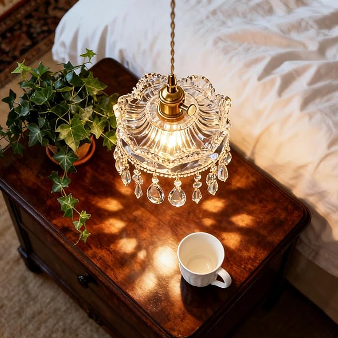 Modern Crystal Pendant Light, Mini Chandelier with Brass Base, Adjustable height,with switch Clear Glass Droplets for Bedroom, Bathroom, Hallway, Kitchen Island, Entryway (2-pack,Hard-wired)