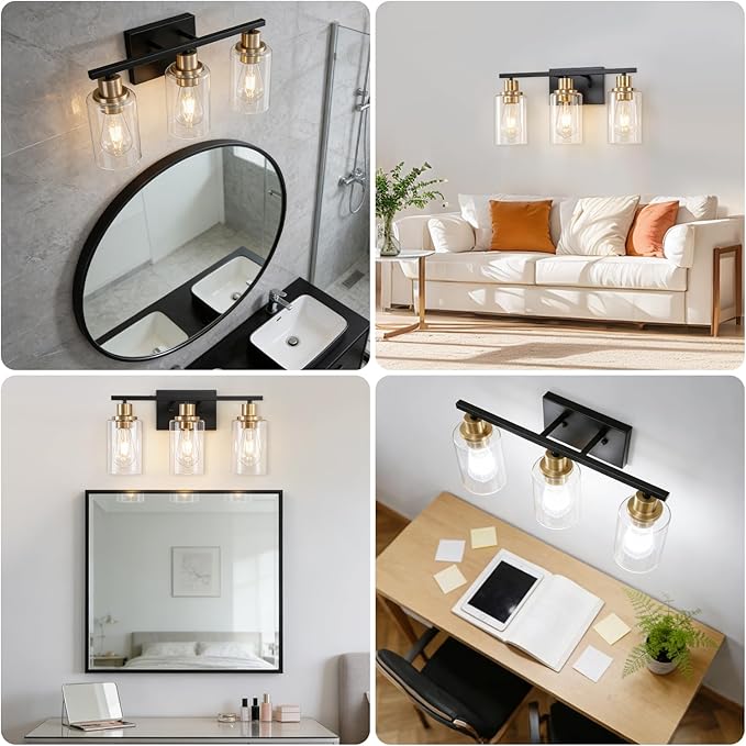 Bathroom Light Fixture Black Gold Vanity Lights Over Mirror, 3 Light Wall Sconces Lighting with Clear Glass Shades, Modern Wall Lights Wall Lamp for Mirror, Hallway Kitchen Bedroom Cabinet