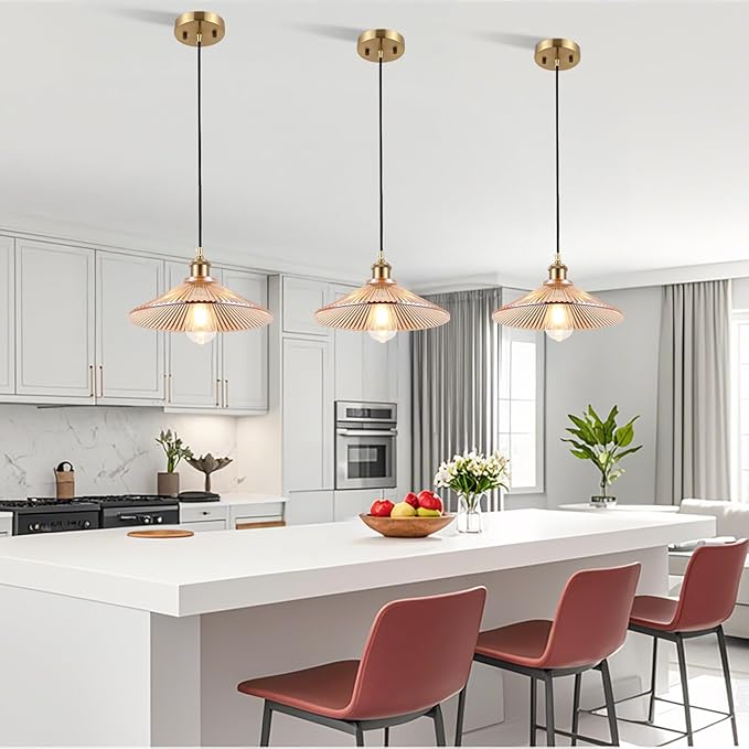 Modern Large Pendant Light 11.81 Inches Amber Striped Glass Shades Brushed Brass Gold Hanging Lamp Farmhouse Adjustable Ceiling Hanging Lights Kitchen Island Dining Room Bedroom
