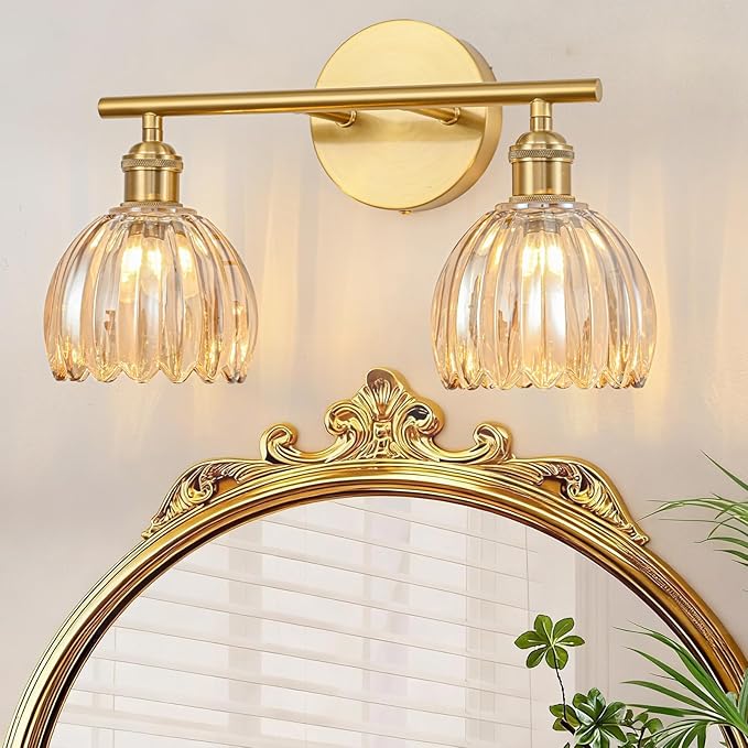 Gold Bathroom Light Fixtures Over Mirror, 2 Light Bathroom Vanity Light Fixture with Tulip Amber Glass Lampshade, Vintage Vanity Lights for Bathroom, Bathroom Vanity Lights Over Mirror