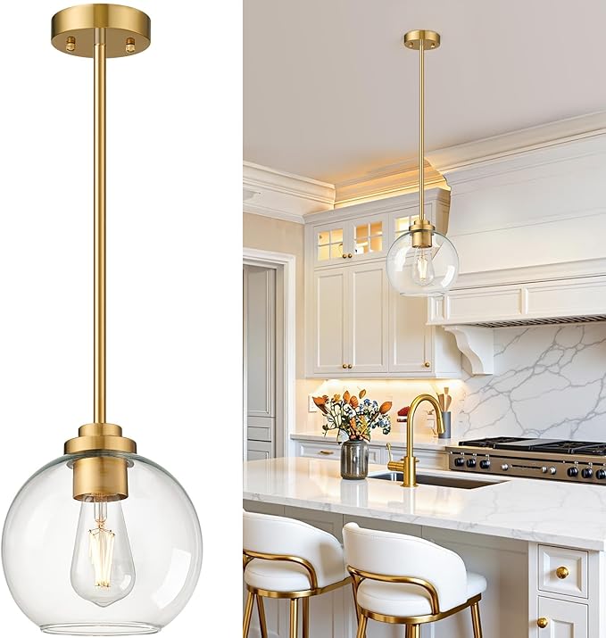 1 Pack 7.2-Inch Globe Pendant Lights, Mid Century Gold Pendant Light Fixtures, Globe Pendant Lights Kitchen Island with Milk Glass Shade Adjustable Hanging Fixture for Dining Room (Bulbs not Included)