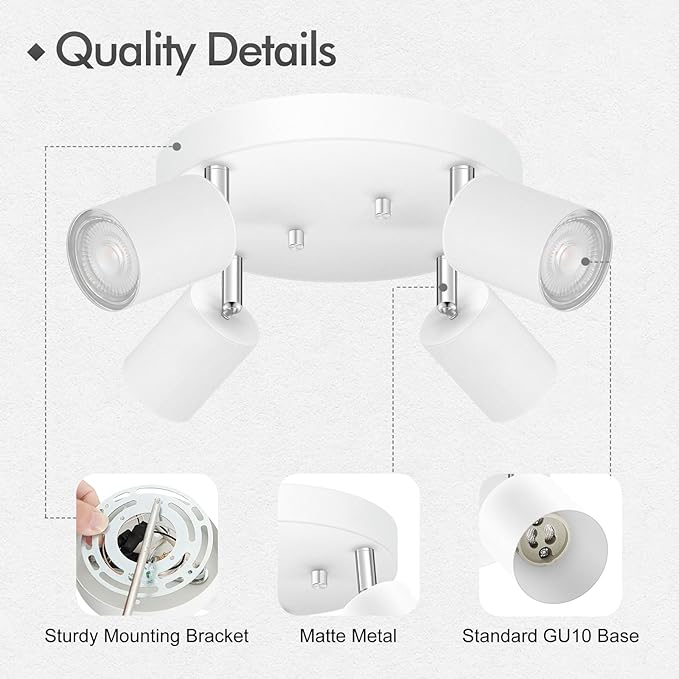 4 Light Track Lighting Fixtures Ceiling, Matte White Round Directional Ceiling Spotlight, GU10 Flush Mount Track Fixture, Adjustable Modern LED Track Lights for Kitchen/Living Room, Bulb Not Included