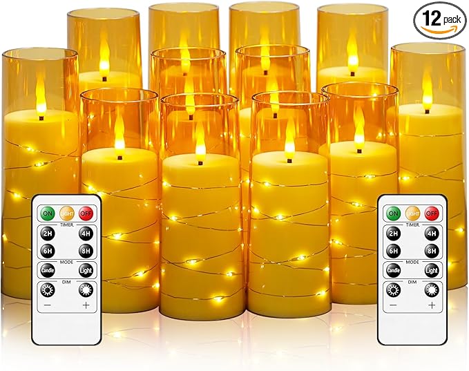 Sasigeiaa Flameless Candles with Embedded Star String - Battery Operated LED Candles, with Remote,12 Gold Flickering Candles for Christmas, Weddings, Home Decor & Party,(D 2.3"×H 5" 6" 7")