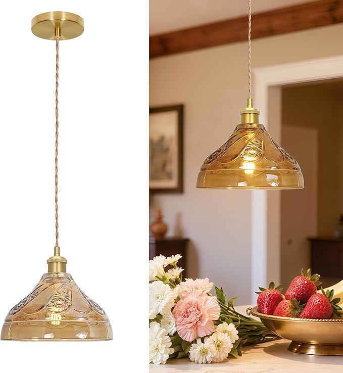 Brushed Gold Pendant Lights Kitchen Island, Vintage Brown Glass Pendant Light, Adjustable Height E26 Socket Light for Kitchen Island, Dining Room,Entryway,Bedroom, Farmhouse Industrial Modern Decor