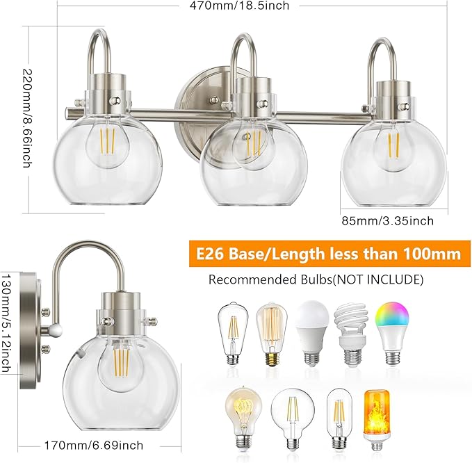 3 Lights Vanity Light, Brushed Nickel Bathroom Light Fixtures, Farmhouse Wall Sconces with Globe Clear Glass Shade, Porch Wall Mount Lamp for Mirror, Kitchen, Porch, Living Room, Workshop (E26 Base)