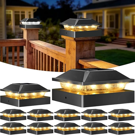 Peasur 4x4 Solar Post Cap Lights, 2 Modes 16 LED Post Solar Lights Waterproof, 12 Pack Black Fence Deck Lights Fit Wooden/Vinyl Post for Porch Patio