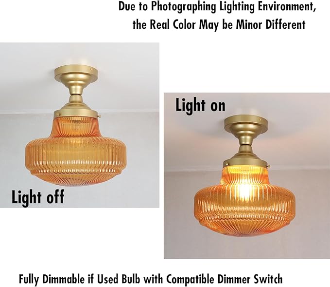 CLAXY Gold Ceiling Light Amber Glass Shade-Vintage Schoolhouse Light Fixture Semi-Flush Mount Dimmable for for Living Room/Bedroom/Dining Room/Kitchen