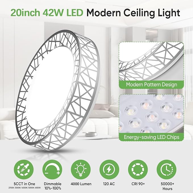 Lightania 20 Inch Flush Mount Ceiling Light, Modern Brushed Nickel LED Ceiling Light Fixture, 42W 4000LM 2700-6500K Adjustable, Dimmable Ceiling Lights for Bedroom, Kitchen, Hallway, Bathroom, ETL