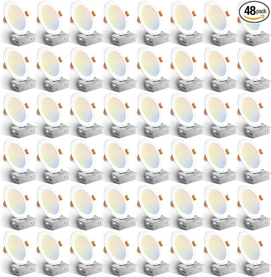 Amico 48 Pack 6 Inch 5CCT Ultra-Thin LED Recessed Light with Junction Box, 2700K/3000K/3500K/4000K/5000K Selectable, 12W Eqv 110W 1050LM Brightness Dimmable Canless Wafer Downlight, ETL & FCC