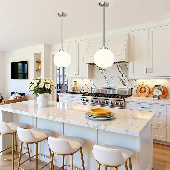 2 Pack 7.2-Inch Globe Pendant Lights, Mid Century Brushed Nickel Pendant Light Fixtures, Globe Pendant Lights Kitchen Island with Milk Glass Shade Hanging Fixture for Dining Room Bulbs not Included