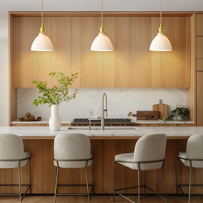 White Ceramic Pendant Lights Kitchen Island Brushed Brass Dome-Shaped Lampshade Modern Minimalist Industrial Hanging Light Fixture for Living Room Bedroom Dining Room Over Table
